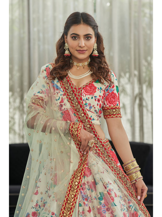 डोरी, सेक्विन और स्टोन वर्क के साथ सफ़ेद-गुलाबी रंग का डिजिटल प्रिंट लहंगा चोली