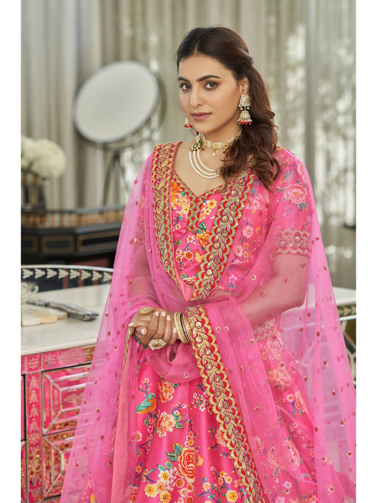 DeepPink Color Digital Print With Dori, Sequins and Stone Work Lehenga Choli