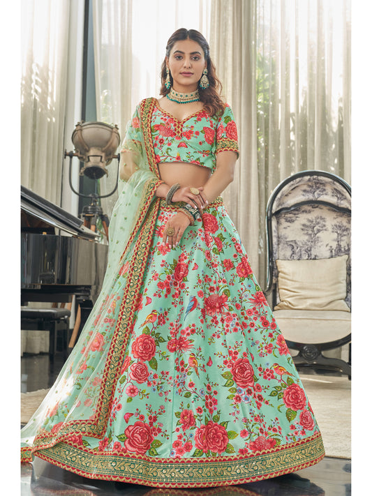 मिंट-लाल रंग डिजिटल प्रिंट डोरी, सेक्विन और स्टोन वर्क के साथ लहंगा चोली
