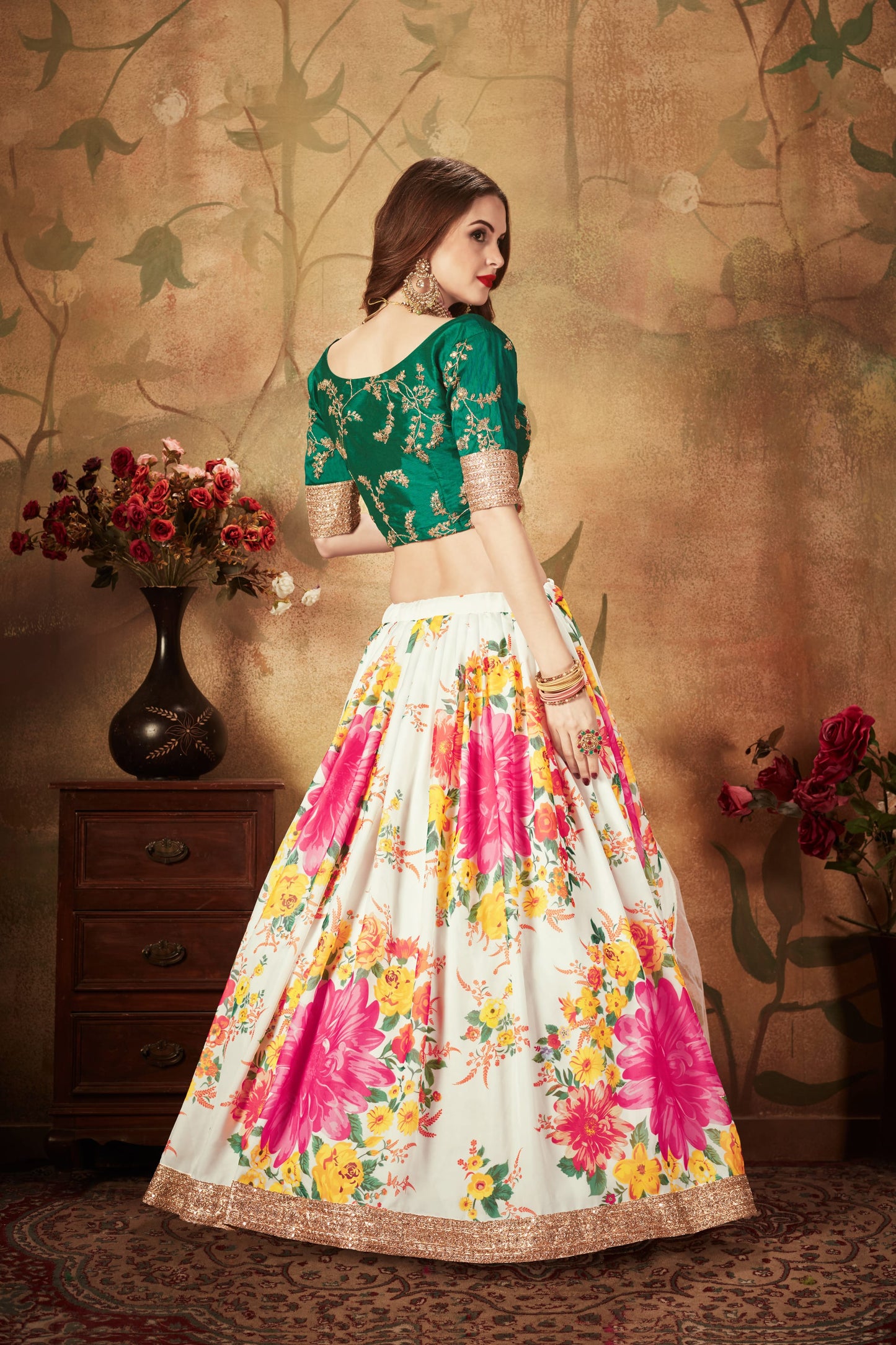 White Color Organza Digital Print & Dori, Zari and Sequins Embroidery Work Lehenga Choli