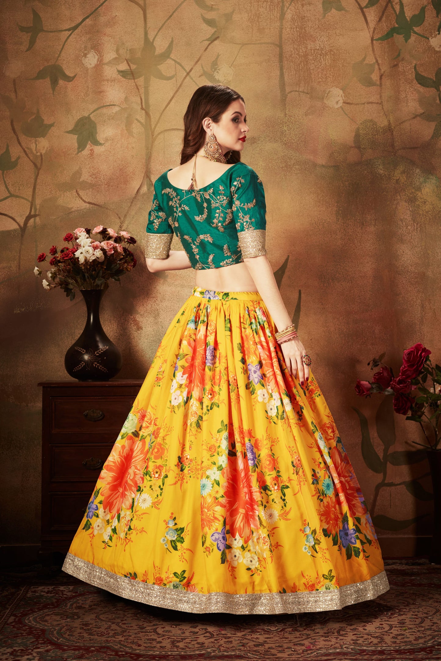 Yellow-Green Color Organza Digital Print & Dori, Zari and Sequins Embroidery Work Lehenga Choli