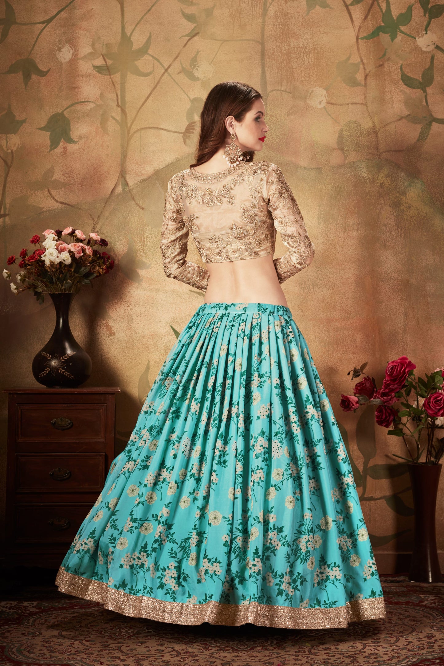 Sky Blue Color Organza Digital Print & Dori, Zari and Sequins Embroidery Work Lehenga Choli
