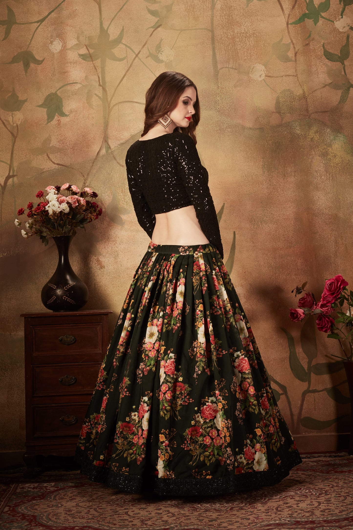 Black Color Organza Digital Print & Dori, Zari and Sequins Embroidery Work Lehenga Choli