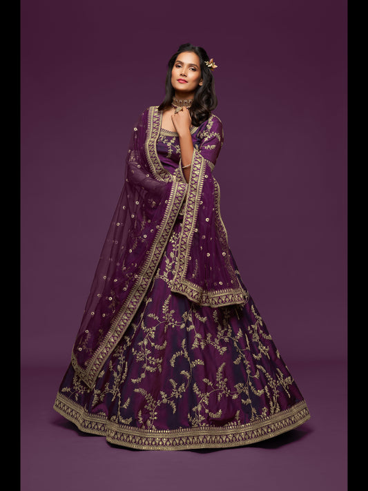 Purple Color Art Silk Thread, Zari, Dori And Sequins Embroidery Work Lehenga Choli