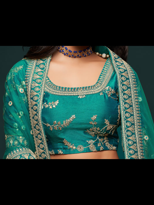 Green Color Art Silk Thread, Zari, Dori And Sequins Embroidery Work Lehenga Choli