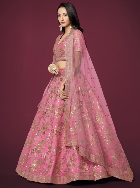Pink Color Slub Silk Zari Sequins And Dori Embroidery Work Lehenga Choli