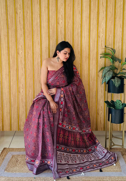 Wine Color Premium Quality Soft Linen Cotton Digital Print Saree With Silver Border