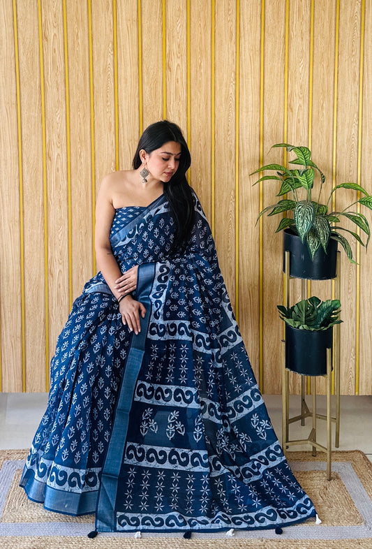 Blue Color Soft Linen Cotton Digital Print Saree Very Premium And Rich Quality