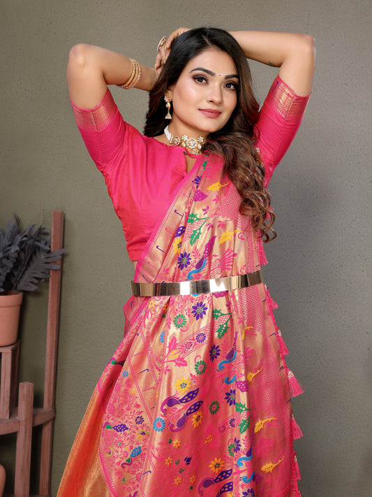 Pink Mrudangi pure banarasi tissue silk sarees With weaving butties