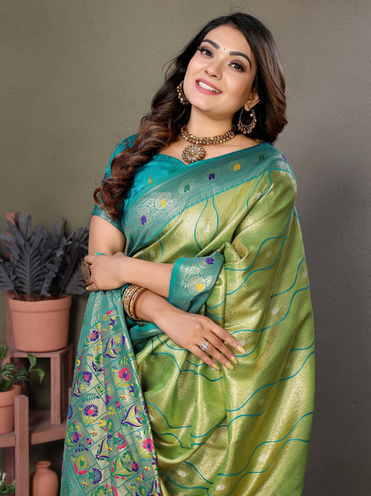 Green Color Superior Pure Banarasi Tissue Silk Saree With Contrast Laheriya Border
