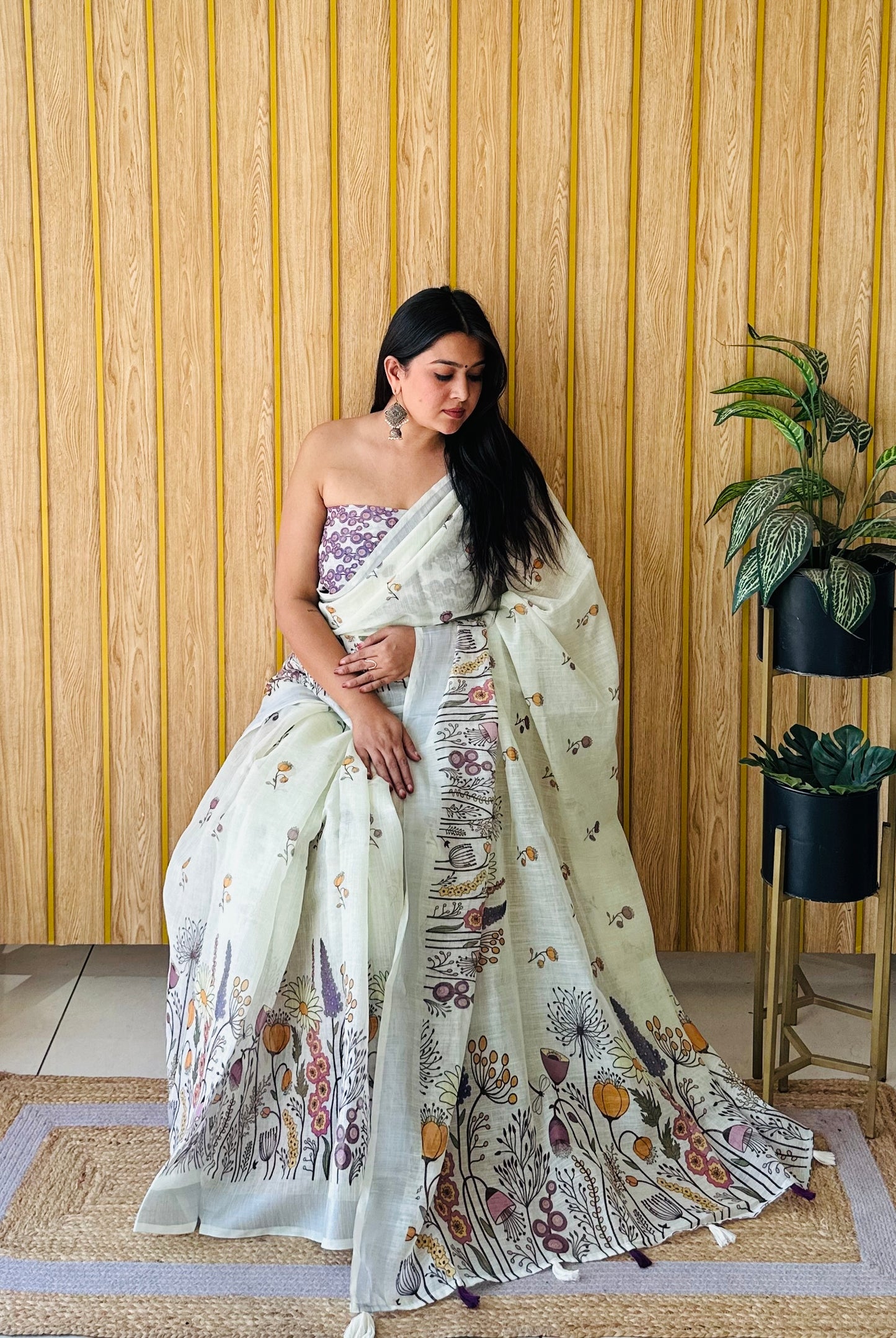 Pista Color Premium Quality Beautiful Soft Linen Cotton Digital Print Saree