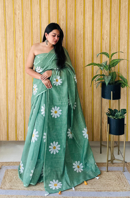 Green Soft Linen Cotton Silk Sarees CHAMPA Flower Print