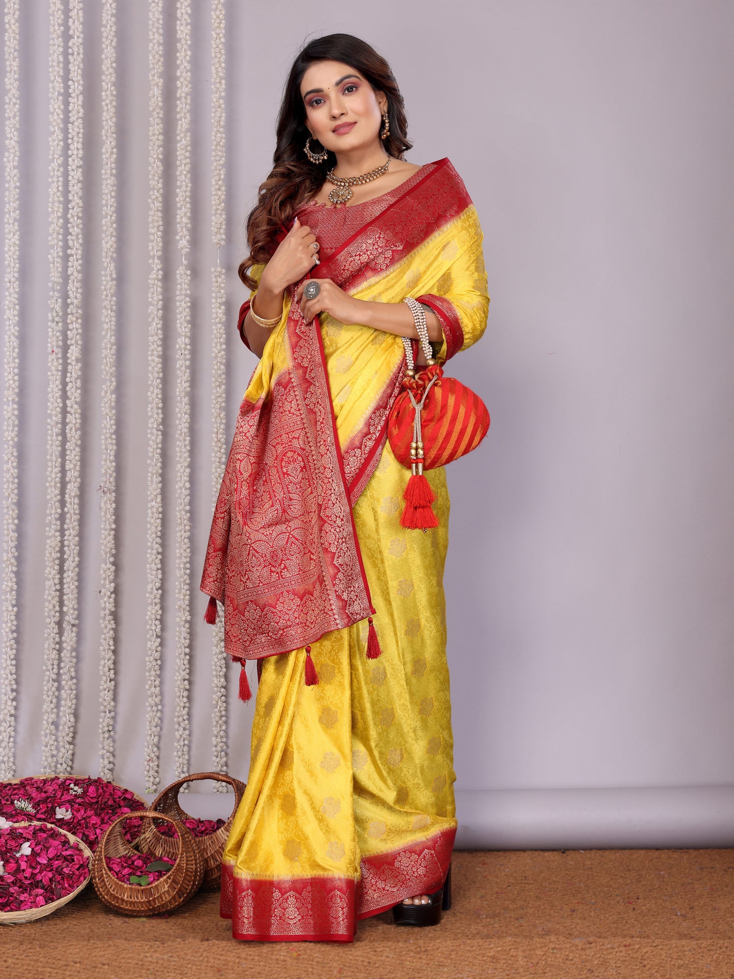 Exclusive Yellow Color Satin Silk Sarees With All Over Zari Weaving Butta Designs
