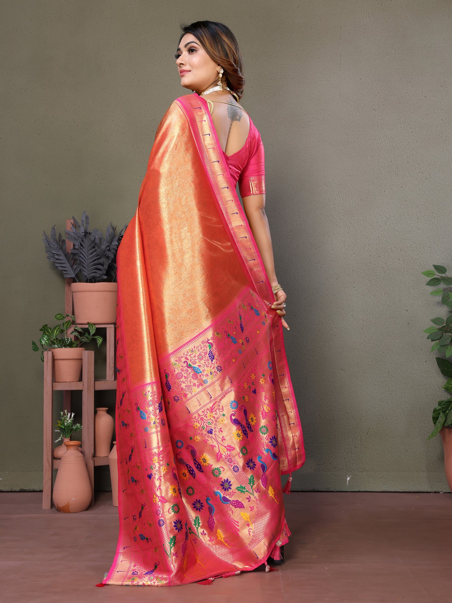 Pink Mrudangi pure banarasi tissue silk sarees With weaving butties