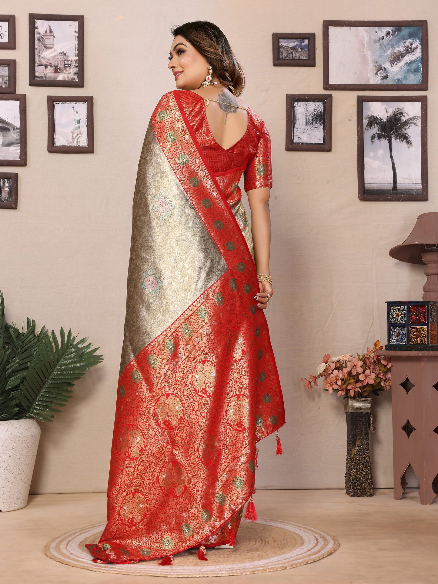 Red Saroz banarasi tissue silk sarees with all over weaving butties