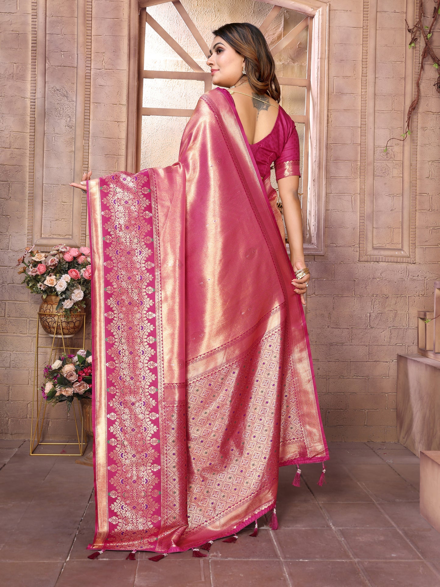 Peach Color Superior Pure Banarasi Tissue Silk Saree With Weaving Butties