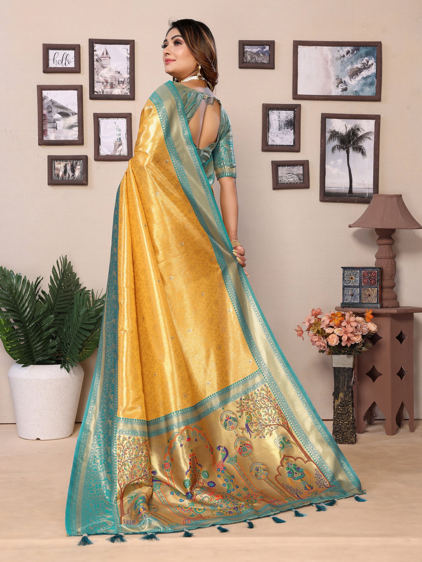 Yellow Color Presenting Pure Banarasi Tissue Silk Saree With Paithani Border
