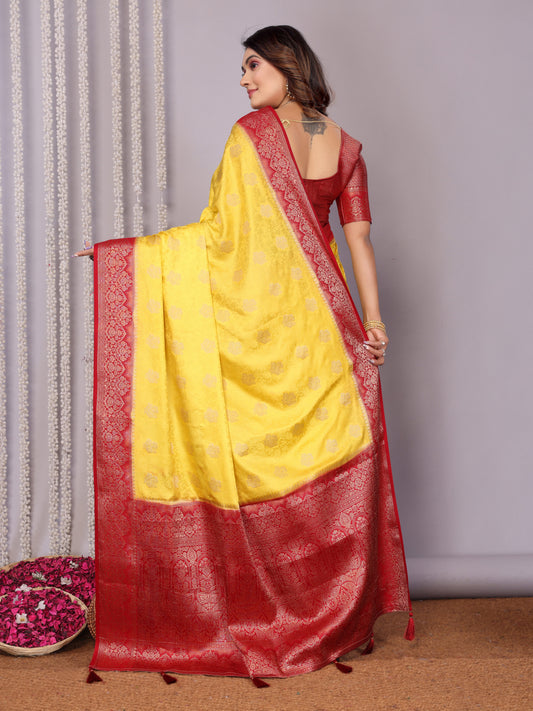 ज़री बुनाई बूटा डिज़ाइन के साथ विशेष पीले रंग की साटन सिल्क साड़ियाँ