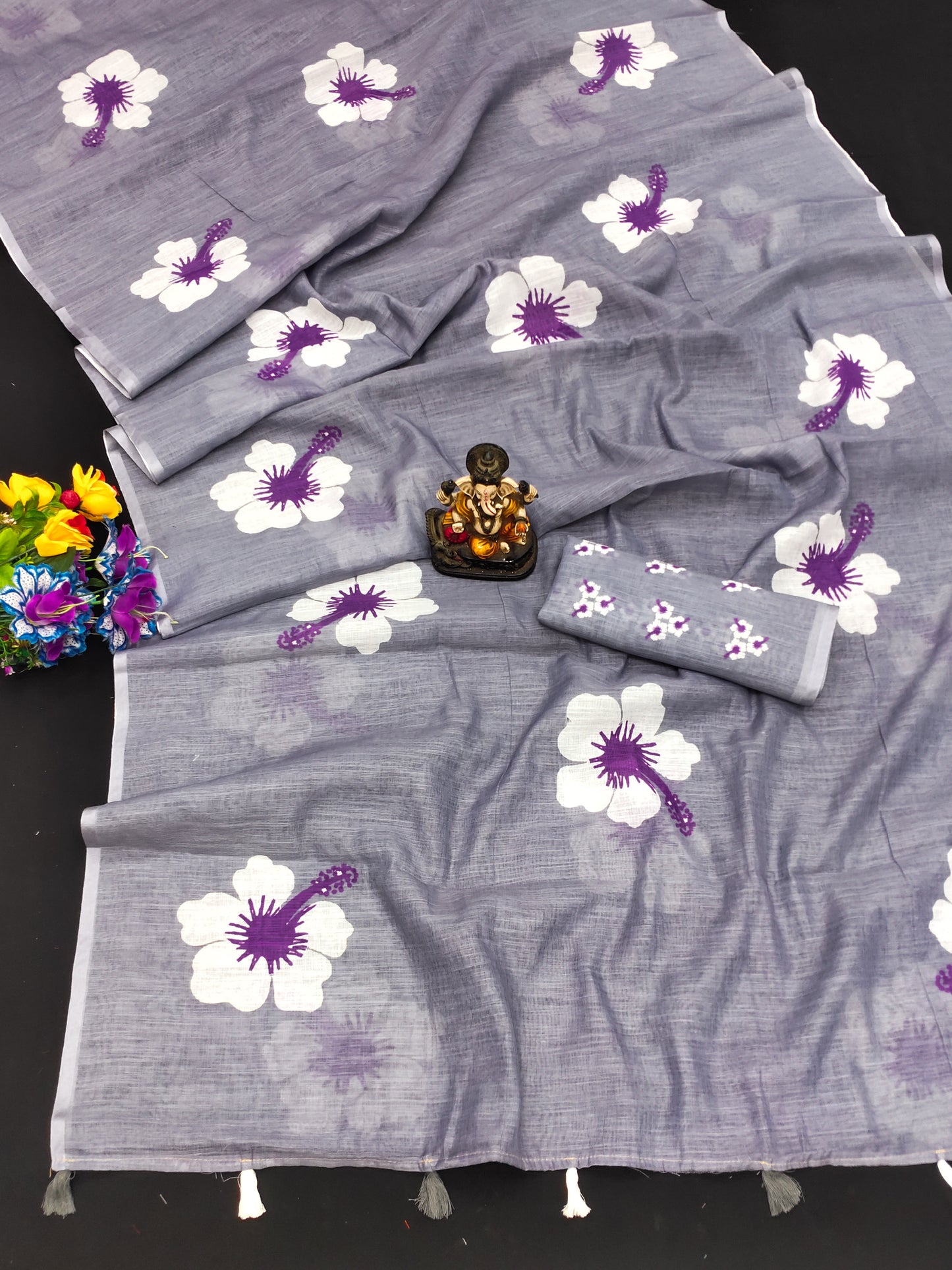 Gray Soft Linen Cotton Silk Sarees CHAMPA Jasud Flower Print