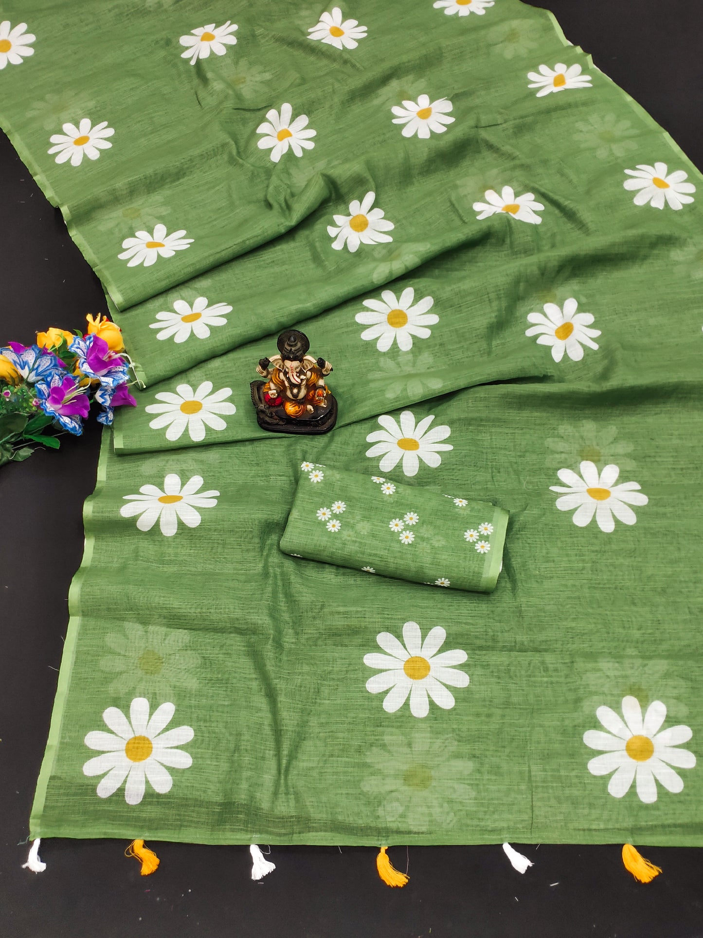 Green Soft Linen Cotton Silk Sarees CHAMPA Flower Print