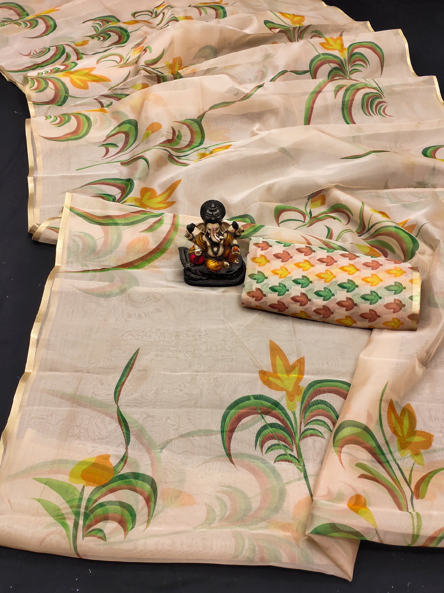 Beige Color Best Quality Art Silk Organza Digital Print Soft Shiny Saree