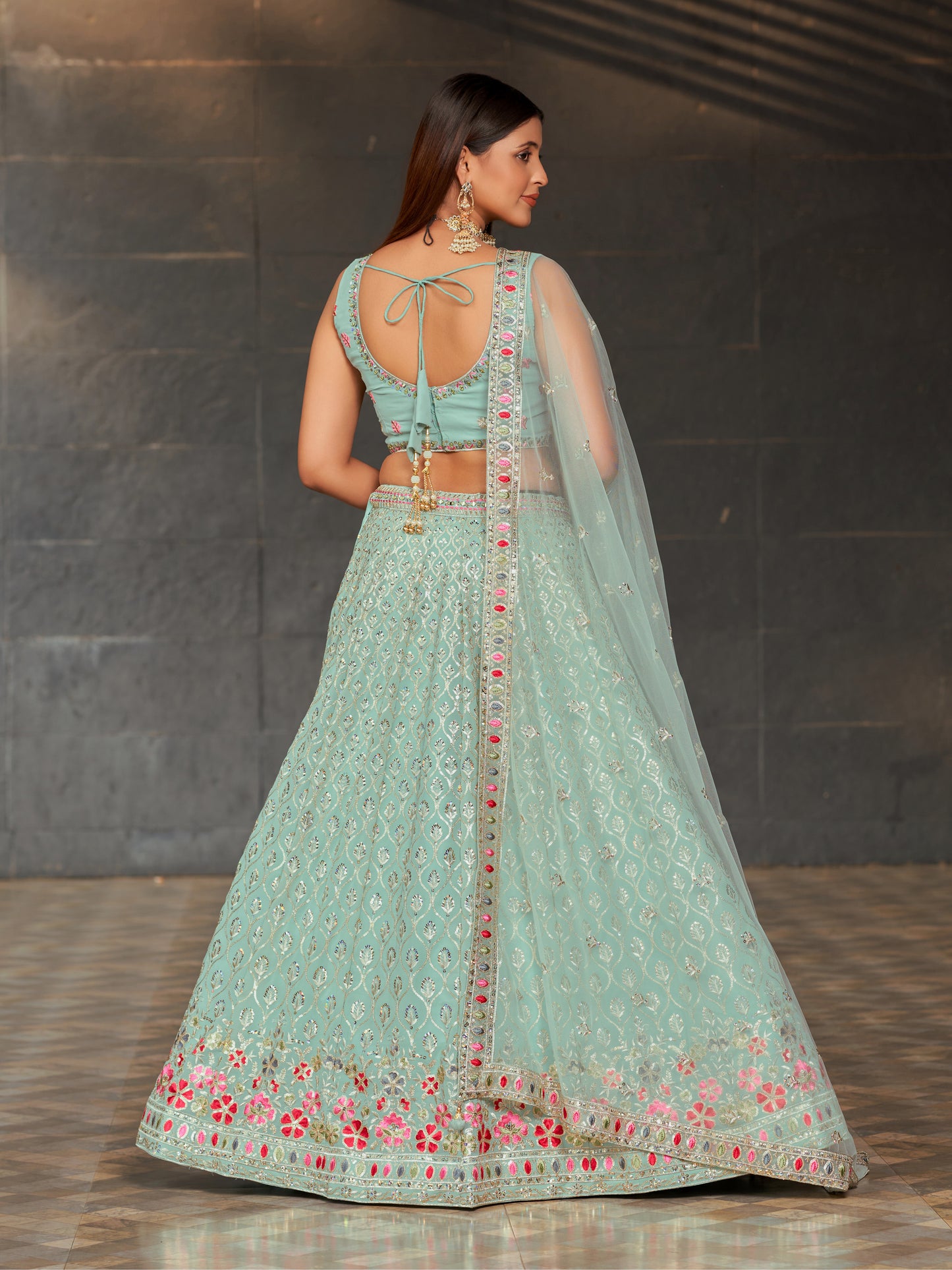 Sky Blue Color Georgette Sequins, Zari, and Multi Color Thread Embroidery with Real Mirror Work Lehenga Choli