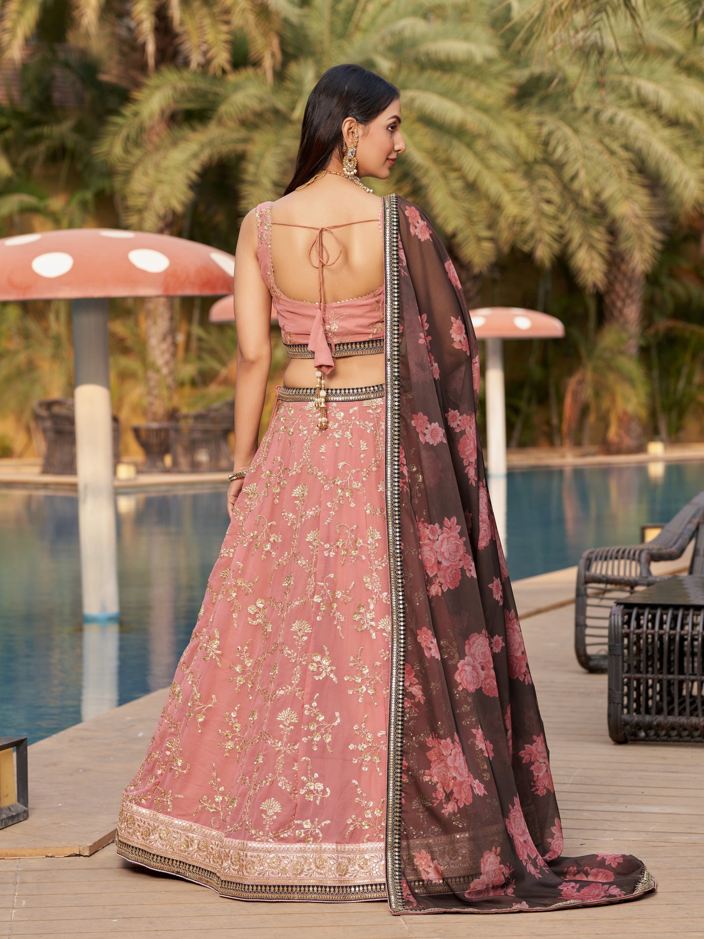PINK-BROWN Color Sequins, Zari, Thread and Dori Work Embroidery with Digital Print Lehenga Choli