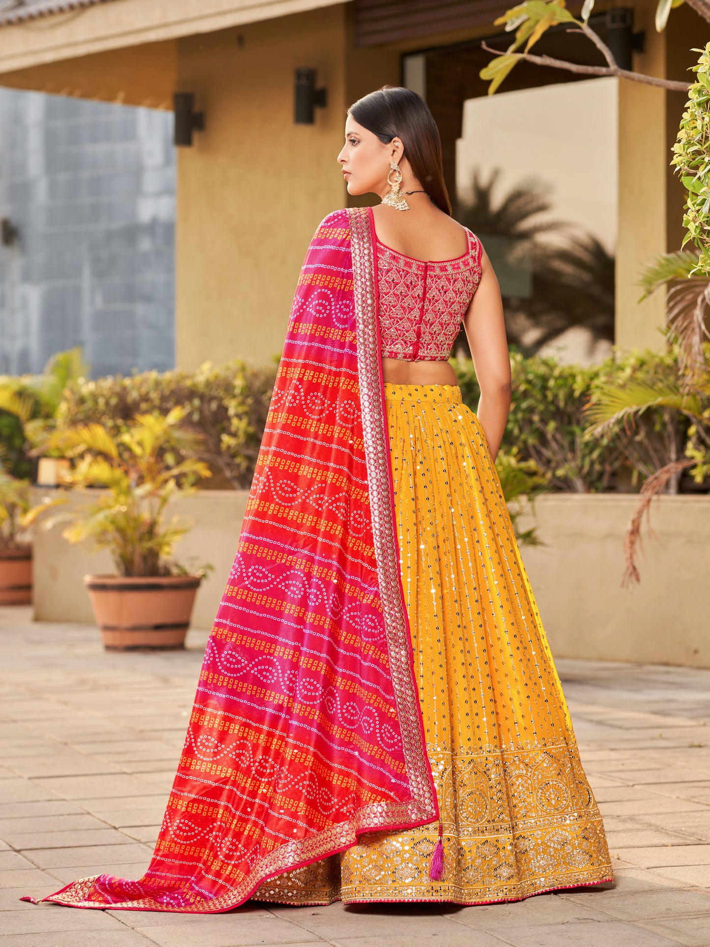 YELLOW-PINK Color Sequins, Zari, Dori Embroidery with Real Mirror Work and Digital Print Lehenga Choli