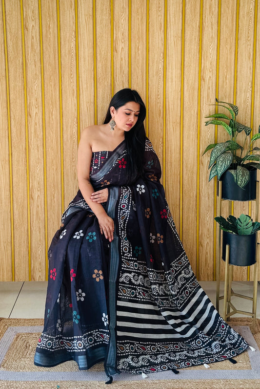 Black Color Premium Quality Soft Linen Cotton Digital Print Saree With Silver Border