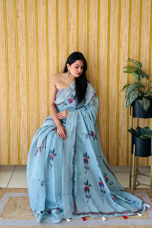 Sea Green Exclusive Wedding Soft Linen Cotton Digital Print Saree With Silver Border