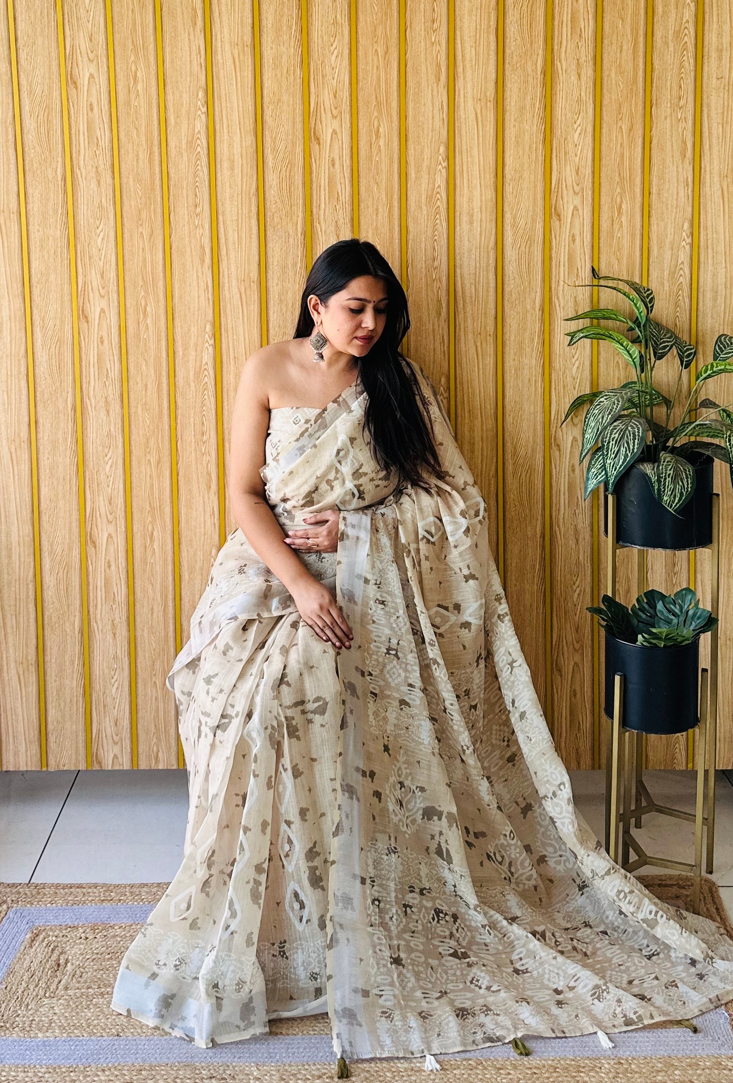 Beige New Concept Premium And Rich Soft Linen Cotton Digital Print Saree With Silver Border