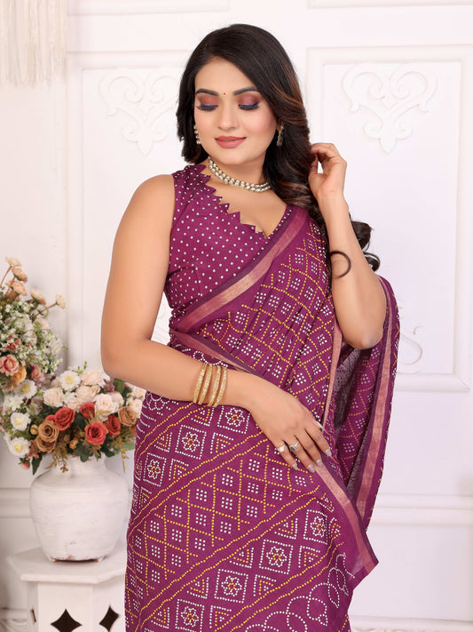 बैंगनी अंबा शुद्ध पटोला और बंधेज पैटर्न मुलायम सूती हल्के वजन की साड़ी