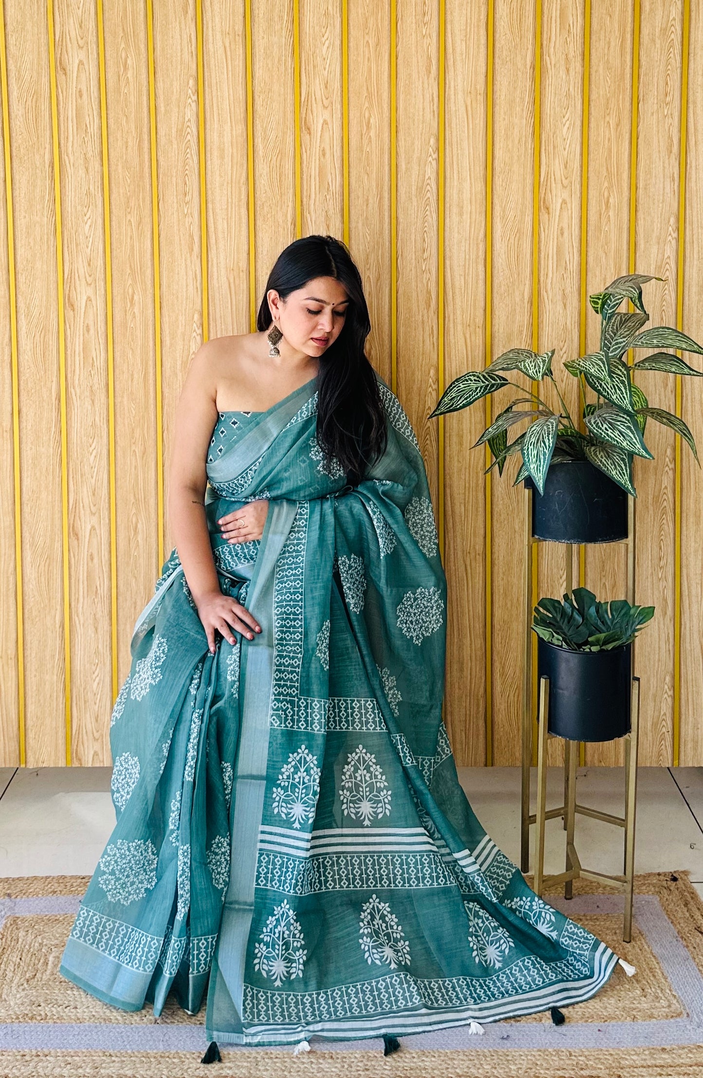 Sea Green Color Soft Linen Cotton Digital Print Saree Very Premium And Rich Quality