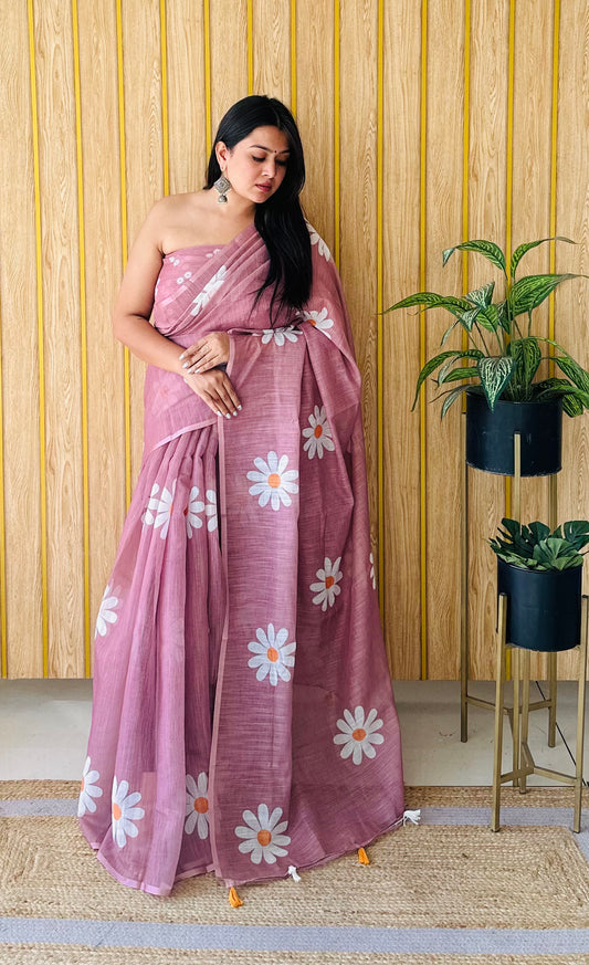 beige color Soft Linen Cotton Silk Sarees CHAMPA Flower Print