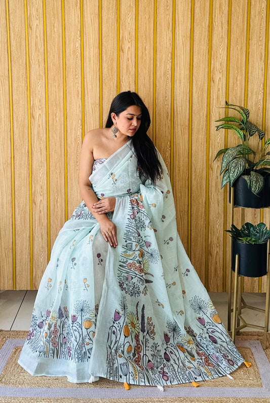 Green Color Premium Quality Beautiful Soft Linen Cotton Digital Print Saree