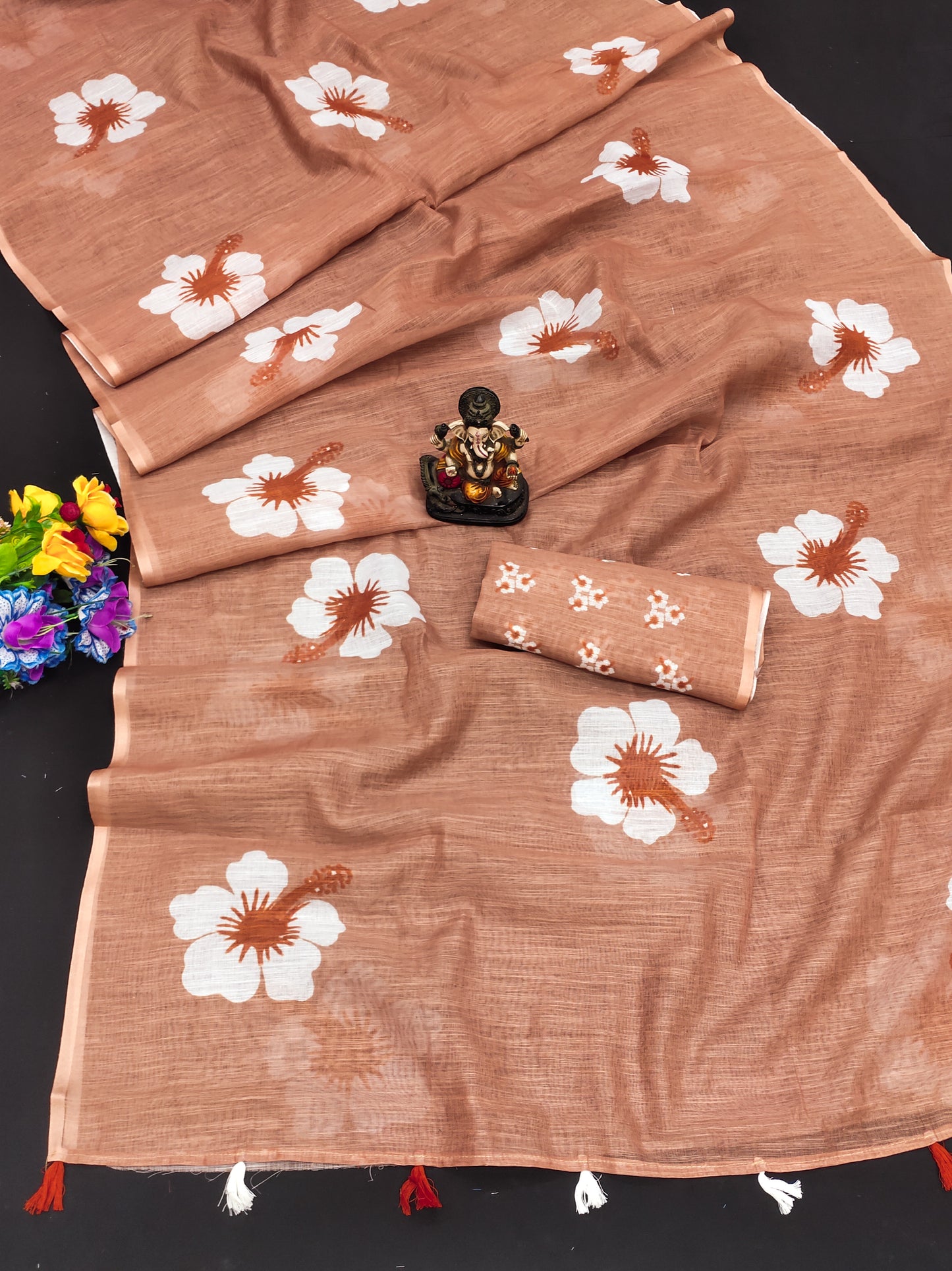 Orange Soft Linen Cotton Silk Sarees CHAMPA Jasud Flower Print