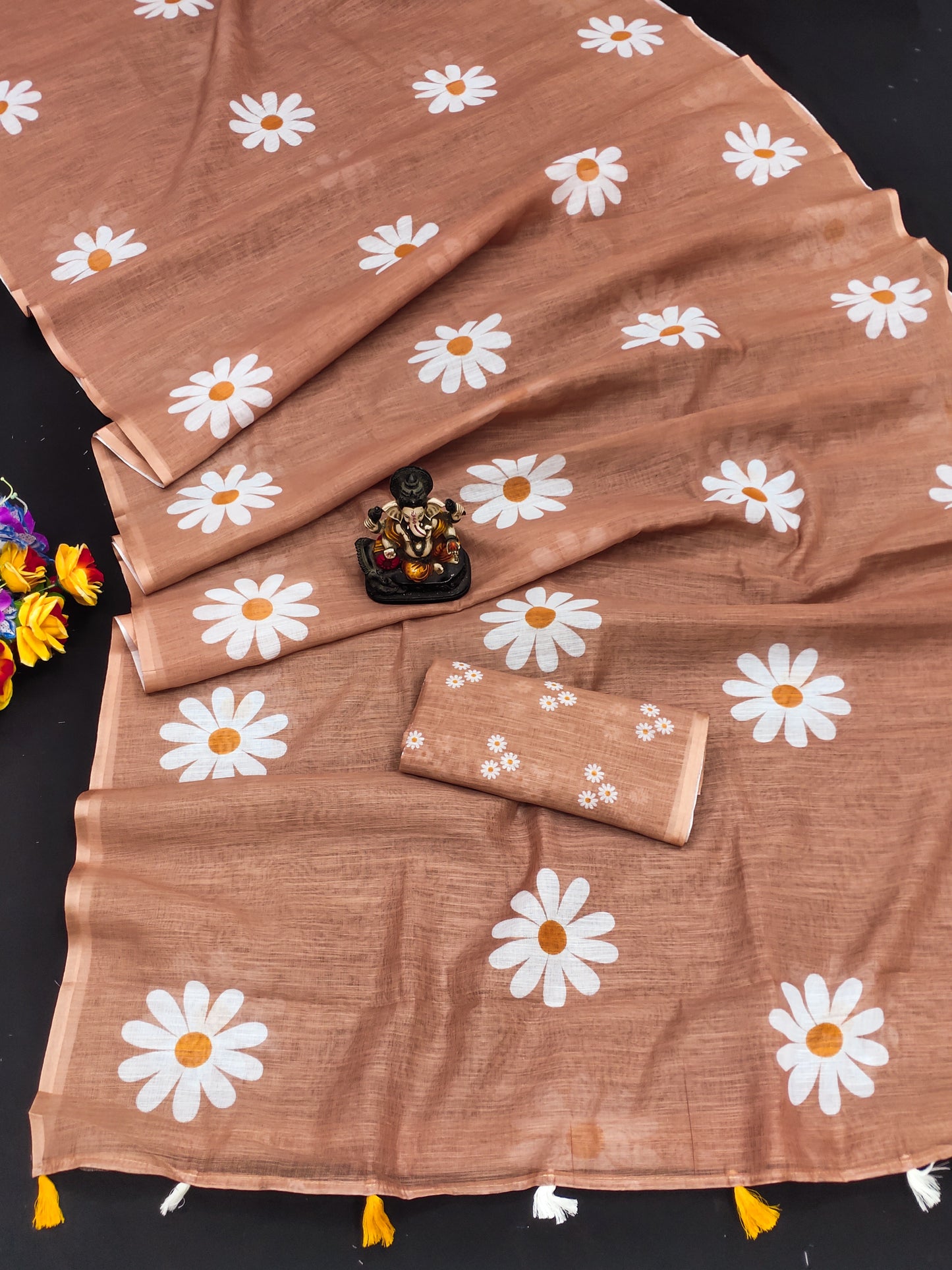 beige color Soft Linen Cotton Silk Sarees CHAMPA Flower Print