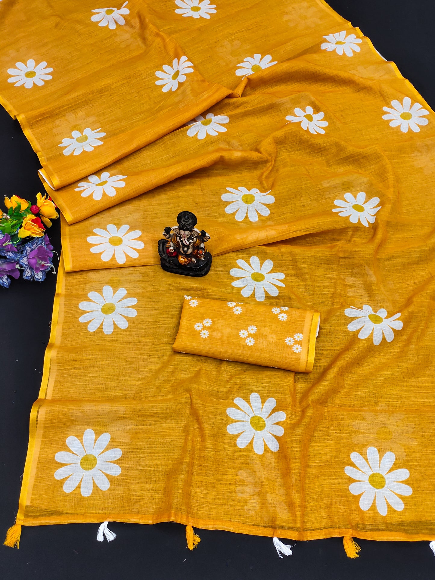 Yellow Soft Linen Cotton Silk Sarees CHAMPA Flower Print