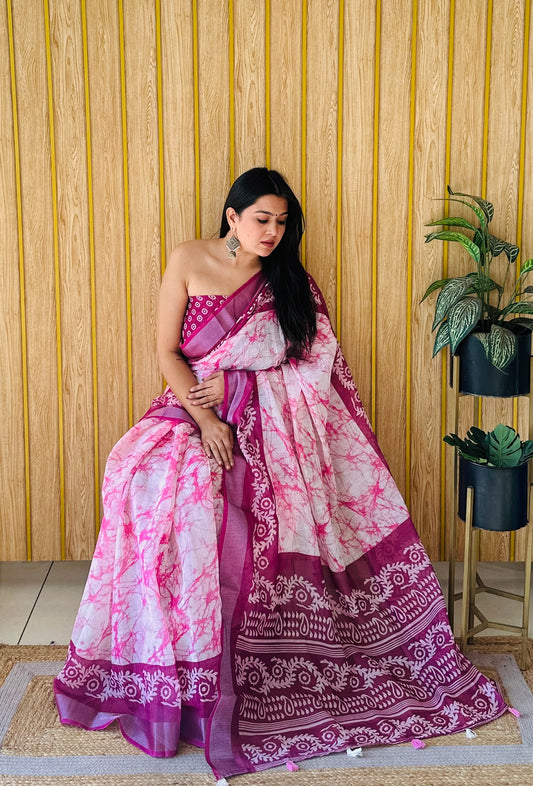 Pink Color Premium Quality Soft Linen Cotton Digital Print Saree With Silver Border