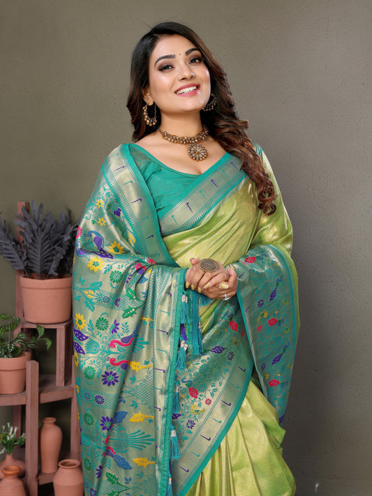 Green Mrudangi pure banarasi tissue silk sarees With weaving butties