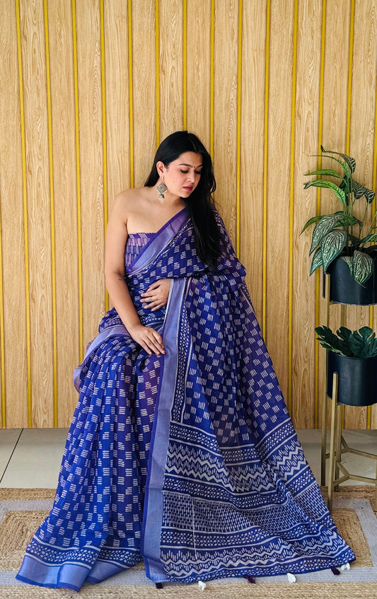 बैंगनी प्रीमियम और उच्च गुणवत्ता वाली सॉफ्ट लिनन कॉटन डिजिटल प्रिंट साड़ी