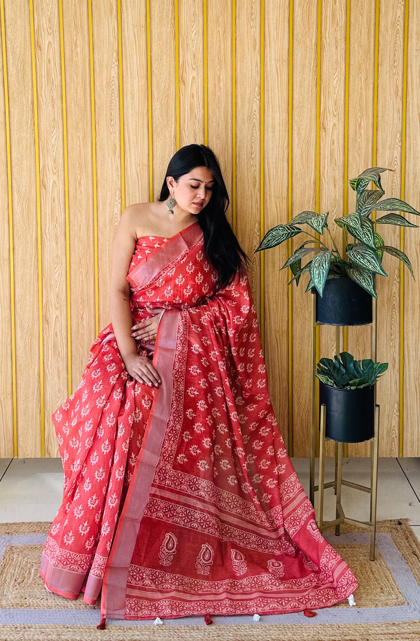 Orange Color Soft Linen Cotton Digital Print Saree Very Premium And Rich Quality