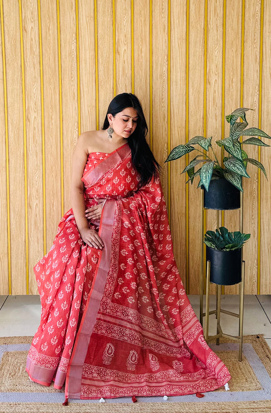 Orange Color Soft Linen Cotton Digital Print Saree Very Premium And Rich Quality