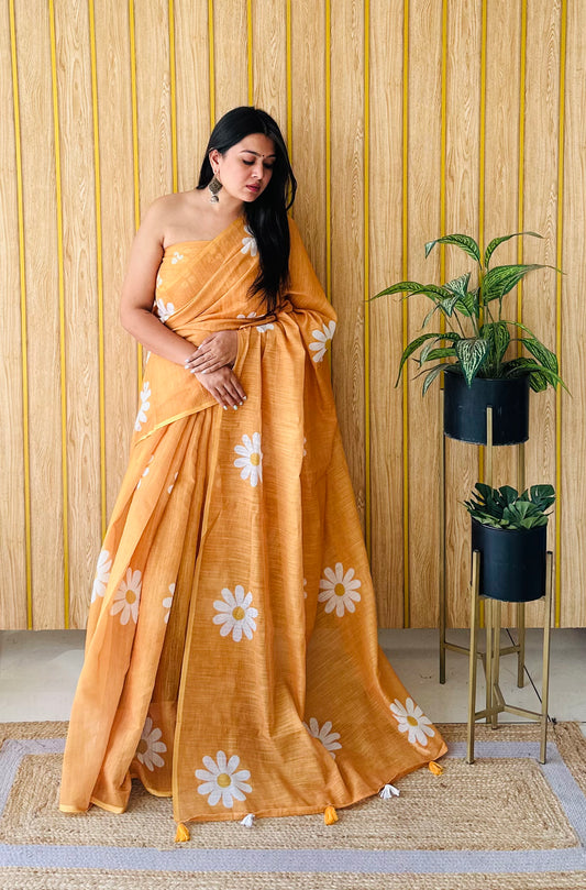 Yellow Soft Linen Cotton Silk Sarees CHAMPA Flower Print