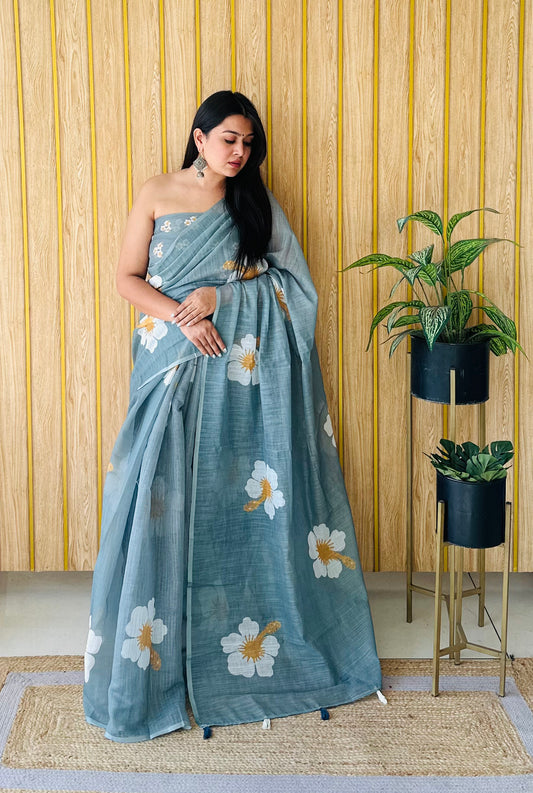 Stone Soft Linen Cotton Silk Sarees CHAMPA Jasud Flower Print