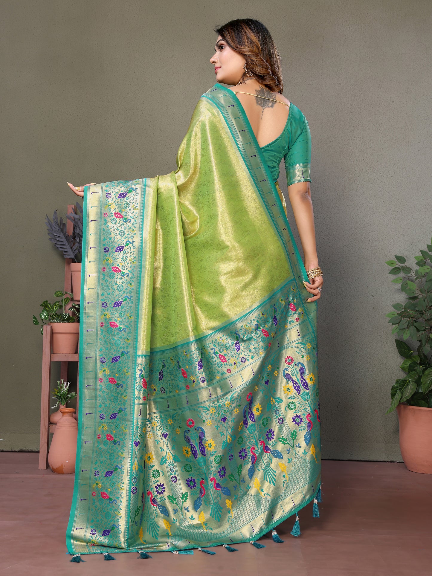 Green Mrudangi pure banarasi tissue silk sarees With weaving butties
