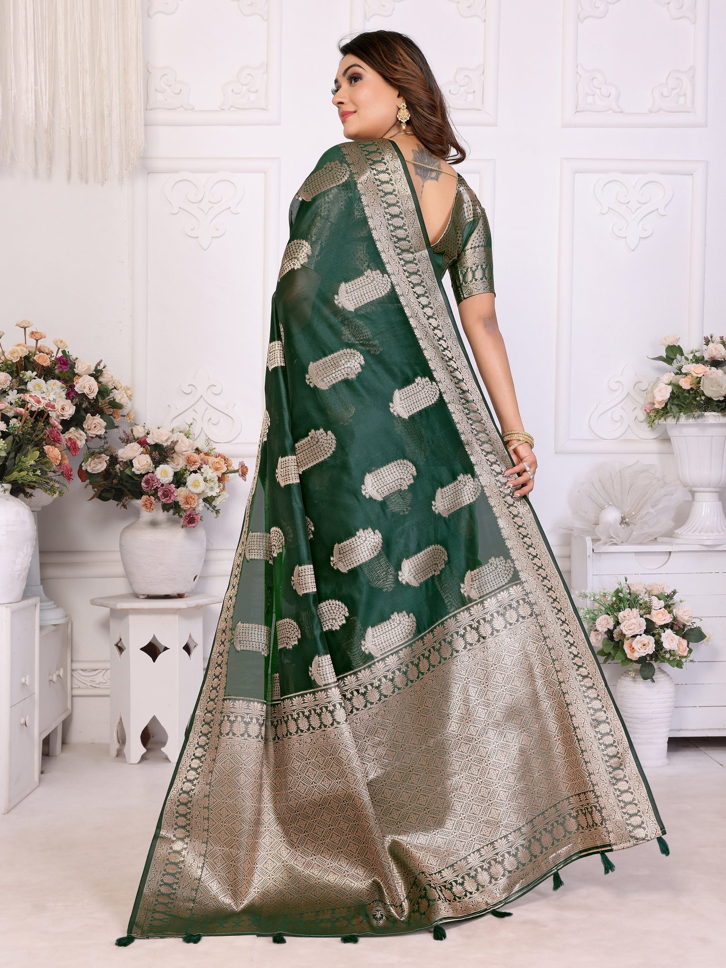Dark Green Color Premium And Superior Soft Organza Silk Banarasi Saree Butta With Unique Colour