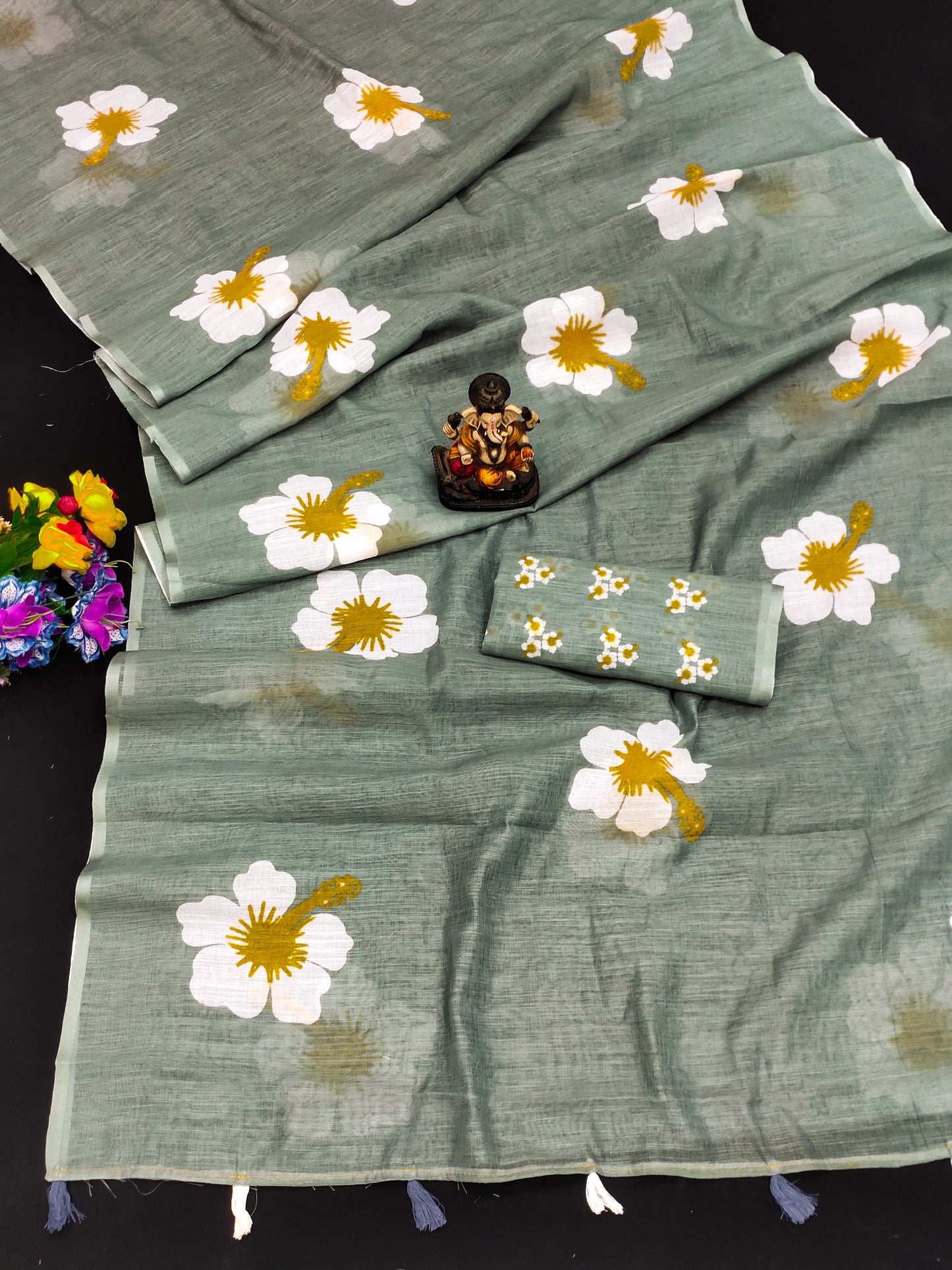 Stone Soft Linen Cotton Silk Sarees CHAMPA Jasud Flower Print