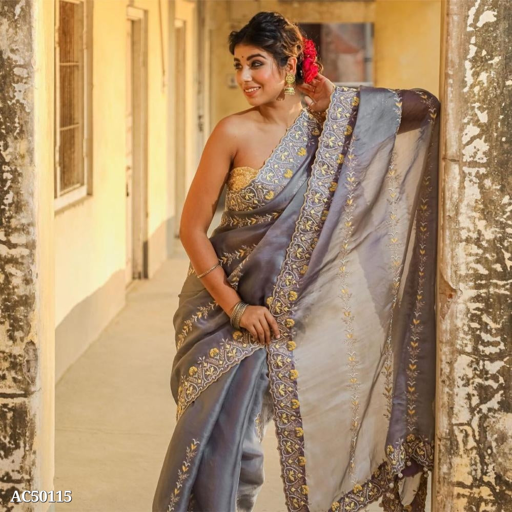 ऑर्गेंज़ा सिल्क वर्क सुंदर धागा कढ़ाई अनुक्रम कार्य