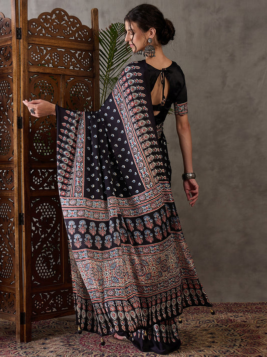 Rana Pure Semi Modal Silk Floral Printed Black Saree